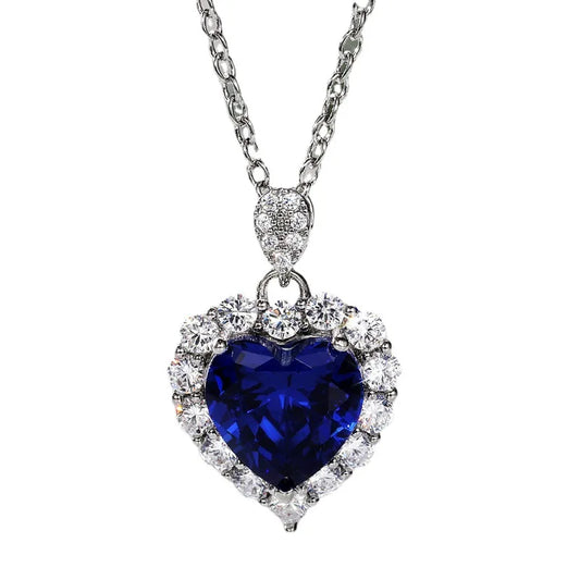925 Sterling Silver Blue Crystal Heart Necklace for Women