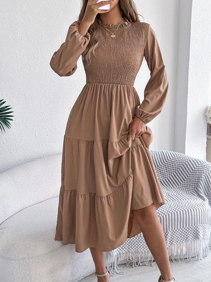 Smocked Tiered Ruffle Midi Dress – Long Sleeve | Burgundy, Dark Green, Khaki