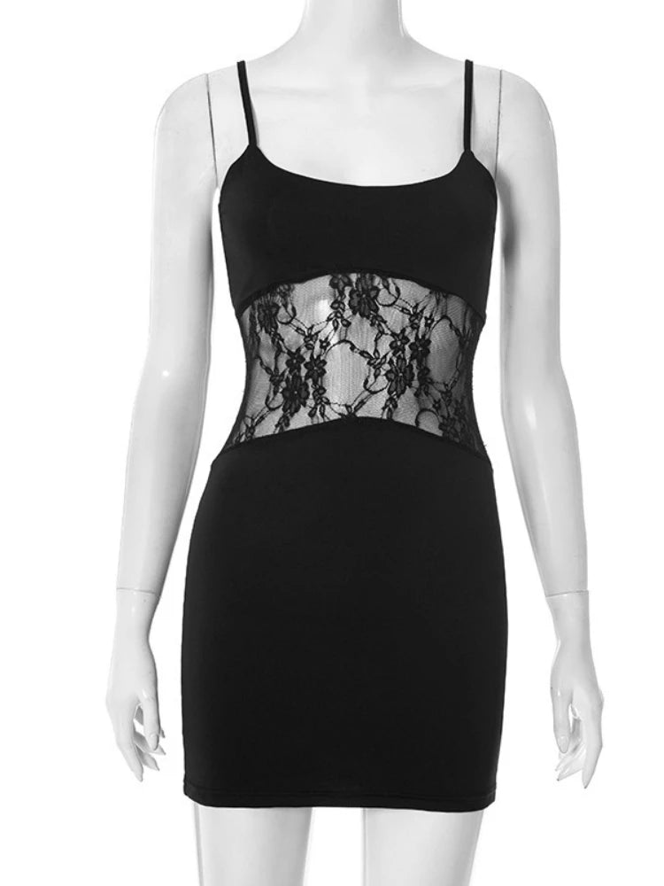 CLO058DJ
 Fashion Sexy Lace Patchwork Spaghetti Strap Short Beach Dress Women Sleeveless High Waist See-through Black Party Club Dresses - Klixstore