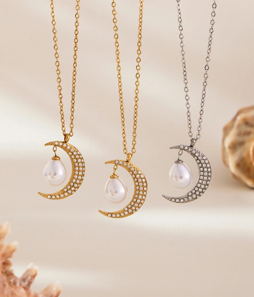 Stainless Steel Zircon Moon Pendant Necklace for Women