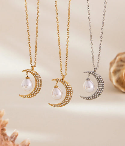 Stainless Steel Zircon Moon Pendant Necklace for Women
