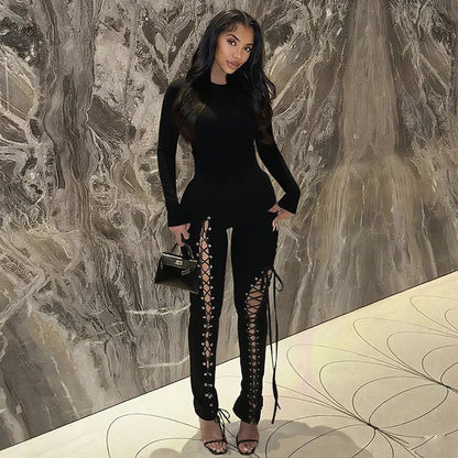 Hollow Out Bandage Long Sleeve Jumpsuit