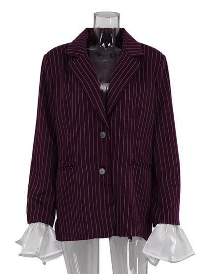 CLO003TP 
Elegant Patchwork Wine Red Striped Suits for Women  Autumn Fashion Loose Single Breasted Outerwears Lady Streetwear Blazers - Klixstore