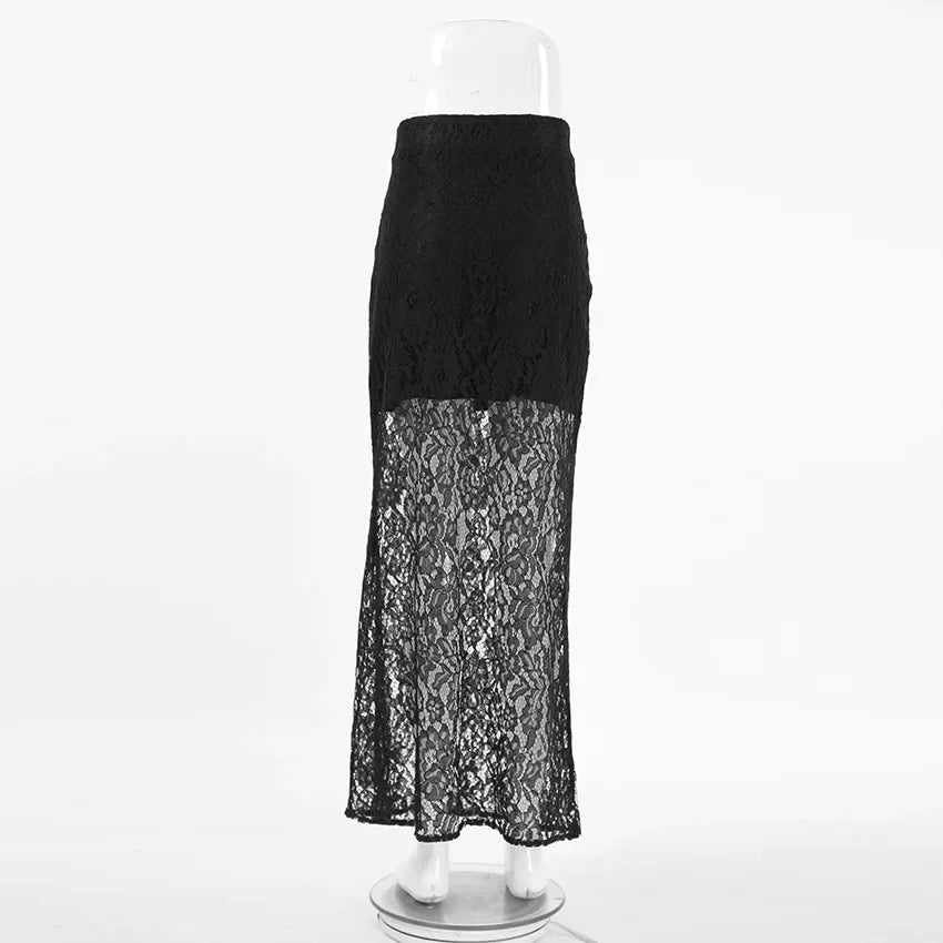 CLO001SK
Women Elegant Solid Black Long Skirts High Waist See-through Lace Skirt Female - Klixstore