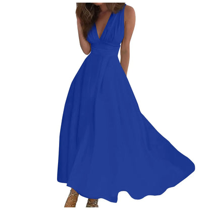 Solid Color V-Neck Sleeveless Long Sundress