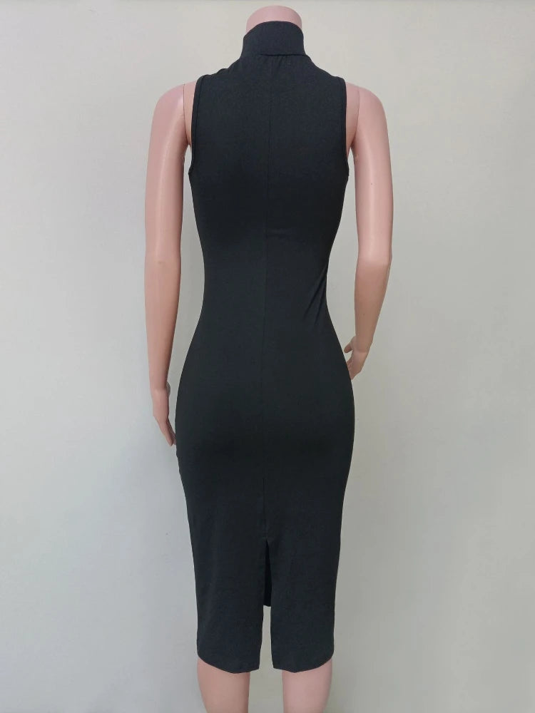 CLO037DJ
 Summer Sexy Turtleneck Sleeveless Black Party Dress Women Off Shoulder Sleeveless Bodycon Split Mid-calf Partu Prom Dresses - Klixstore