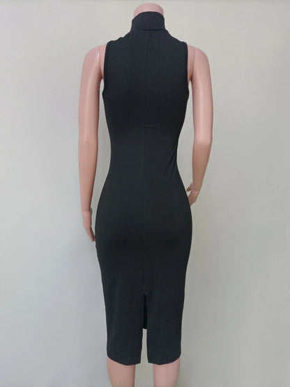 CLO037DJ
 Summer Sexy Turtleneck Sleeveless Black Party Dress Women Off Shoulder Sleeveless Bodycon Split Mid-calf Partu Prom Dresses - Klixstore