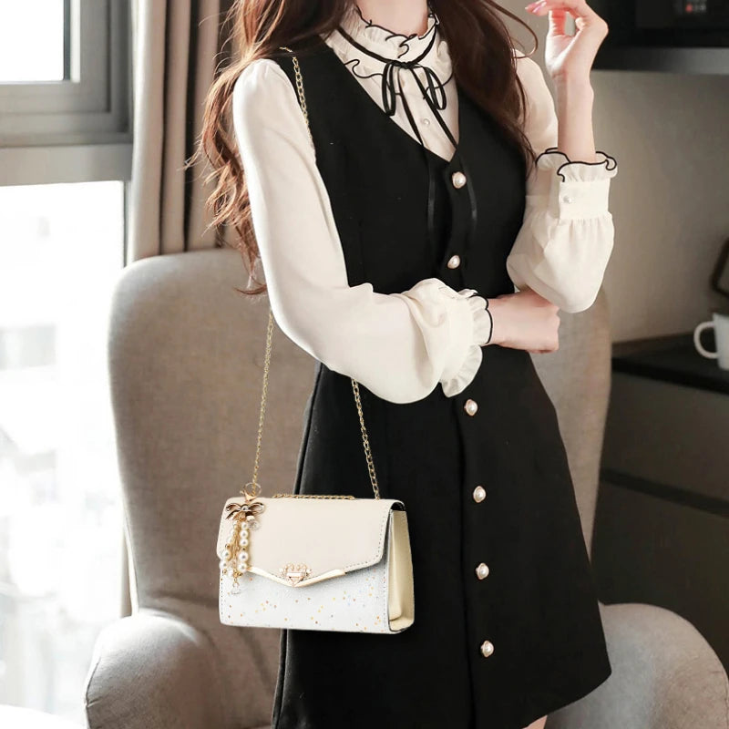 Korean Bow Sequin Shoulder Bag with Chain & Pendant
