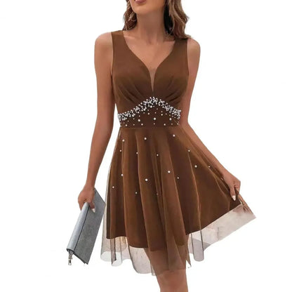 V Neck Pearl A-line Summer Evening Dress