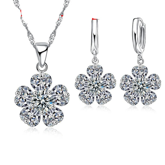 Cubic Zirconia Flower Design Lovers' Gift Set