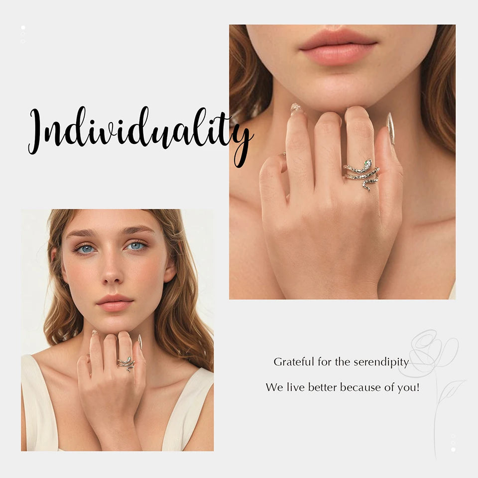 JEW019R White Gold Plated Snake Ring with Emerald CZ Eye, Adjustable - Klixstore