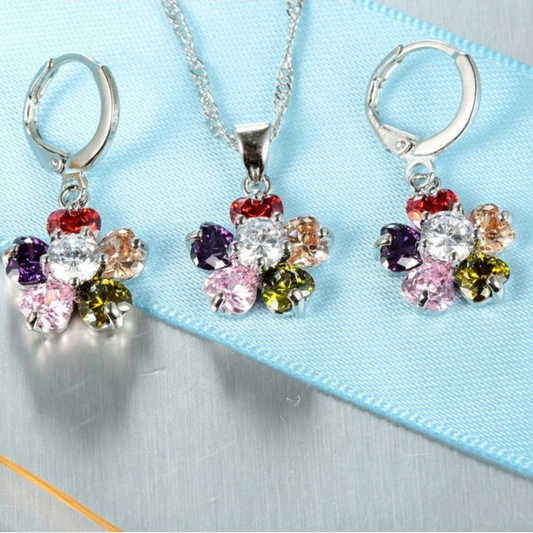 Cubic Zirconia Flower Design Lovers' Gift Set