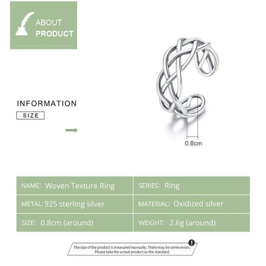 JEW020R  Genuine 925 Sterling Silver Woven Texture Ring Open Adjustable Finger Rings - Klixstore
