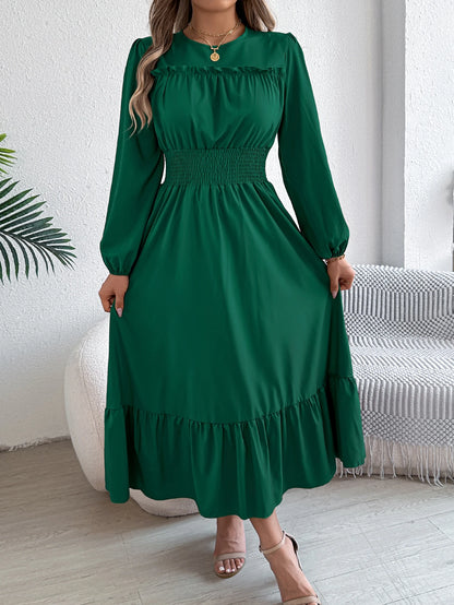 Solid Color Lotus Leaf Hem Midi Dress – Long Sleeve