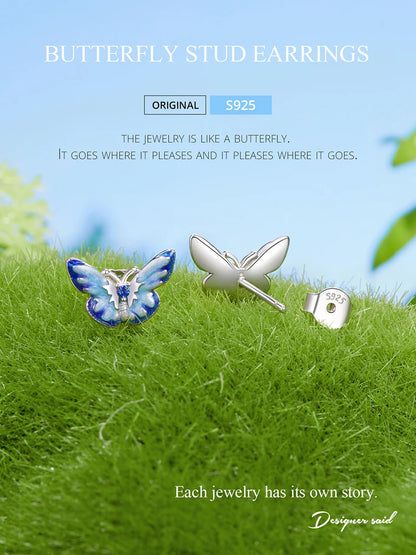 JEW002ER  925 Sterling Silver Cute Blue Enamel Butterfly Stud Earrings - Klixstore