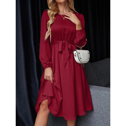Lantern Sleeve Keyhole Back Lace-Up Dress