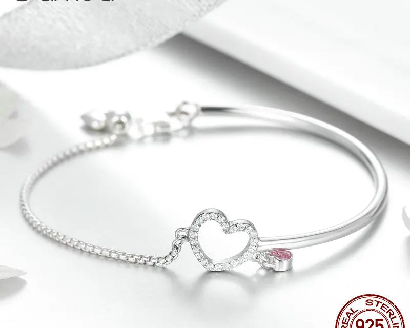 925 Silver Heart Pink CZ Chain Bracelet