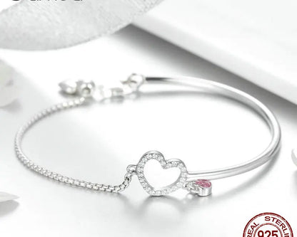 925 Silver Heart Pink CZ Chain Bracelet
