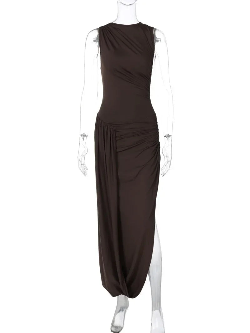 CLO028DJ
Woman Clothing O-neck Sleeveless Tunics High Slit Long Dress Streetwear Y2K Female High Waist Ruched Solid Holiday Party Dresses - Klixstore