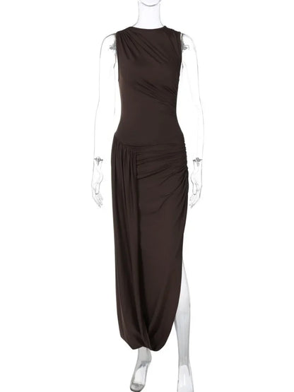 CLO028DJ
Woman Clothing O-neck Sleeveless Tunics High Slit Long Dress Streetwear Y2K Female High Waist Ruched Solid Holiday Party Dresses - Klixstore