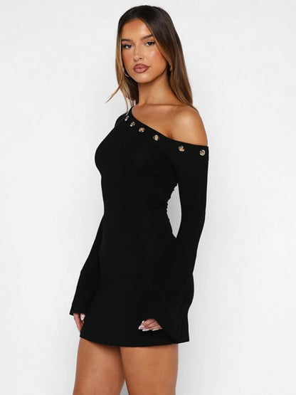 Chic Diagonal Collar Hollow Out Irregular Long Sleeve Party Dress