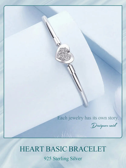 925 Silver Glossy Heart Clasp Charm Bracelet