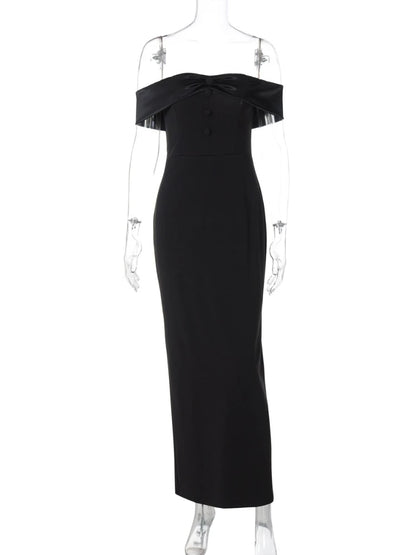 CLO024DJ
Woman Clothes Slash Neck Black Evening Dresses Elegant Female Off Shoulder Buttons Sleeveless Bodycon Split Long Party Dress - Klixstore