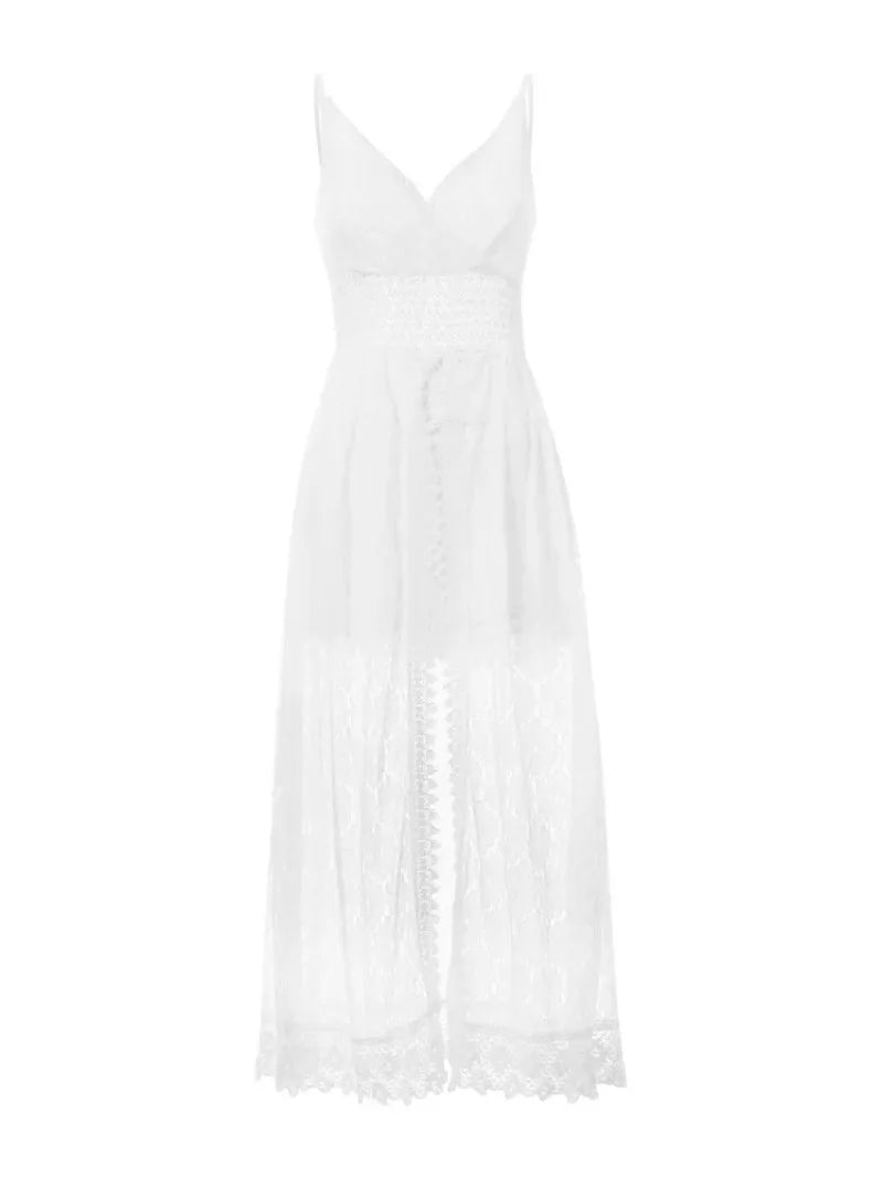 Lace V-Neck Hollow Out Bohemian Midi Dress