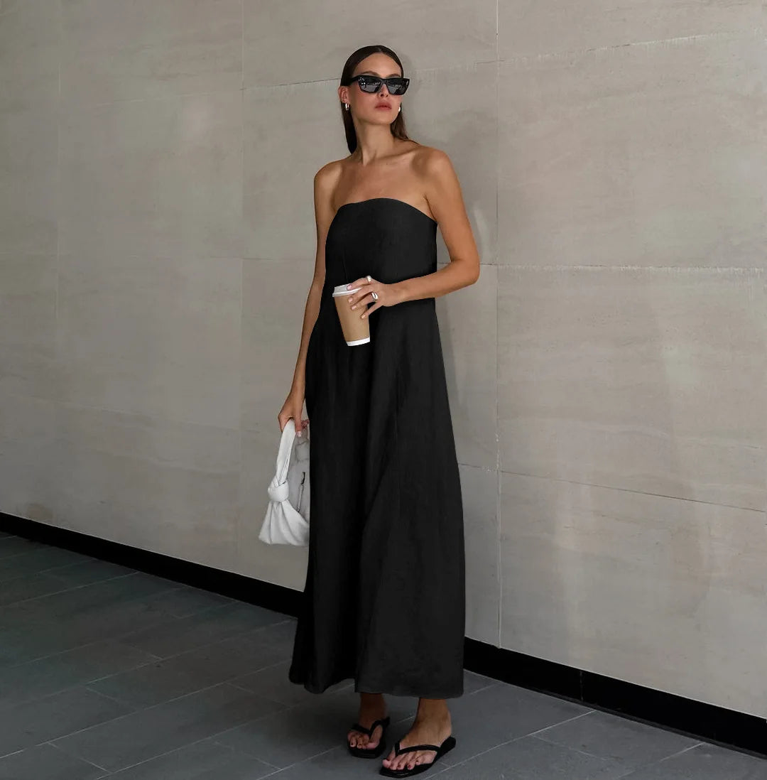 French Khaki Cotton Linen Strapless High Waist Holiday Dress