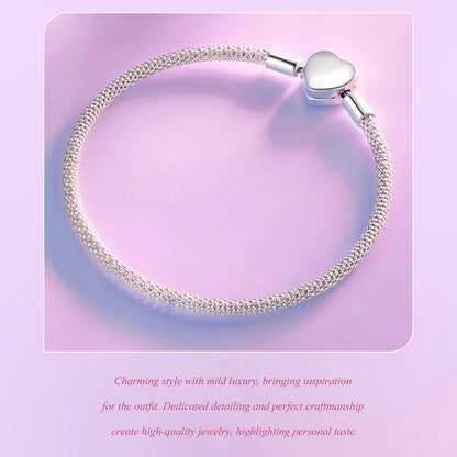JEW005BR       Heart Basic Charm Bracelet 925 Sterling Silver Snake Chain Basic Bracelet 17CM 19CM - Klixstore