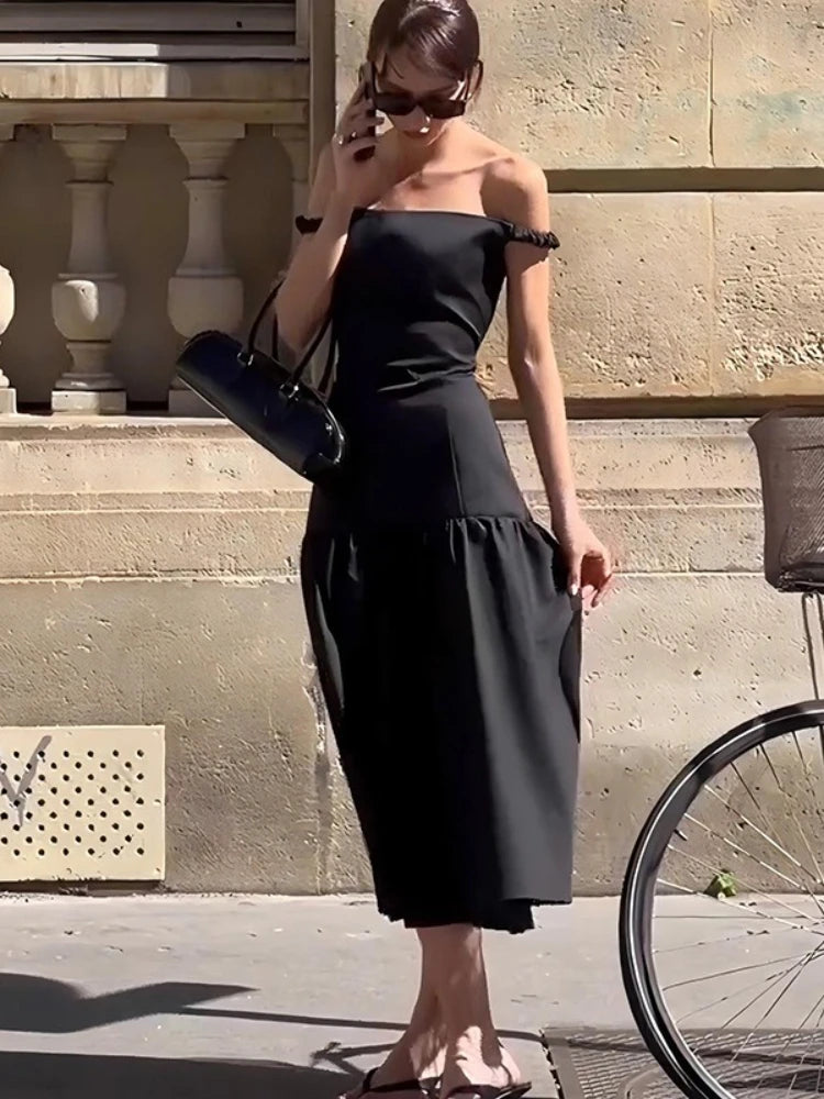 CLO015DJ
Woman Clothing Slash Neck Ruched A-line Evening Dress Female Elegant Sleeveless Solid Black Party Dresses Streetwear - Klixstore