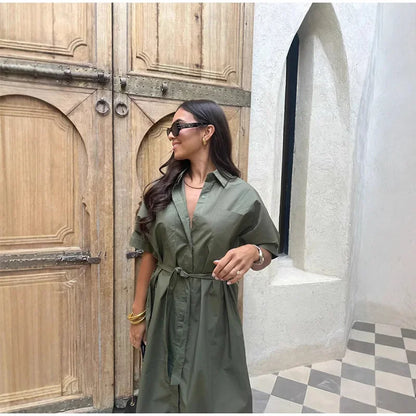 Lace Up Short Sleeve Shirt Dress