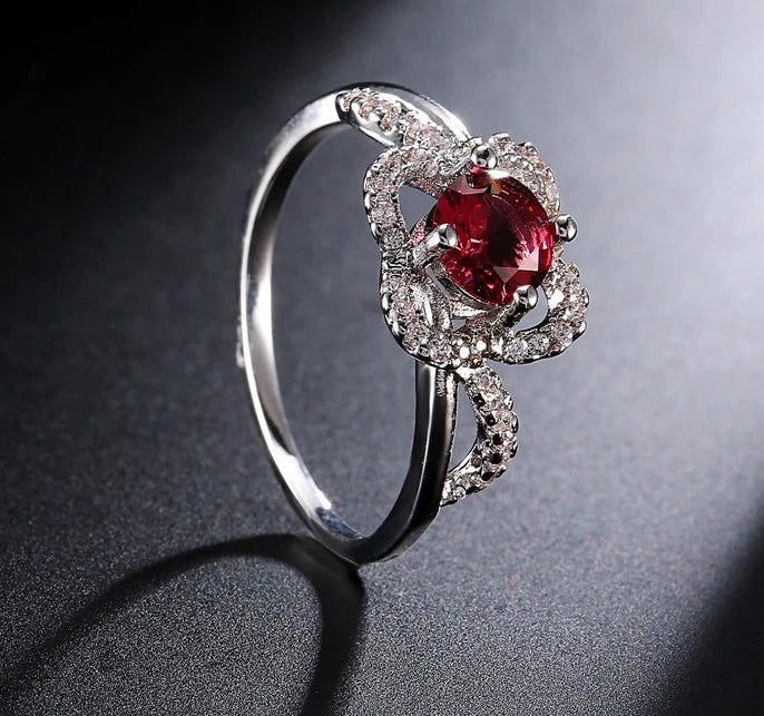 Red Stone CZ Crystal 925 Sterling Silver Ring for Women