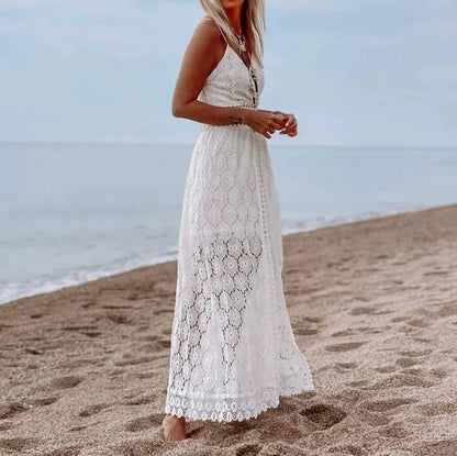 Lace V-Neck Hollow Out Bohemian Midi Dress