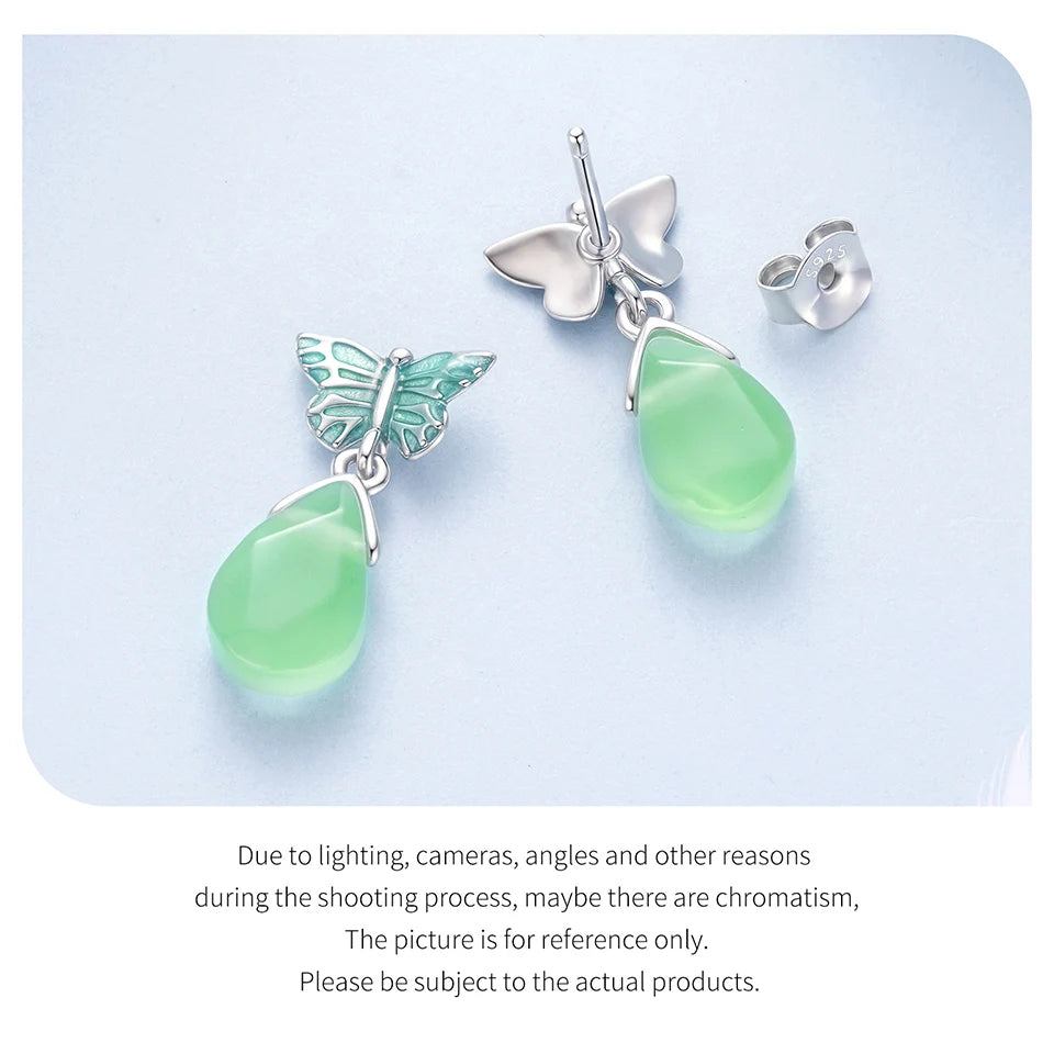 JEW031ER
 925 Sterling Silver Butterfly Stud Earrings for Women, Crystal Green Resin Teardrop Dangle Earrings - Klixstore