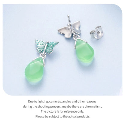 JEW031ER
 925 Sterling Silver Butterfly Stud Earrings for Women, Crystal Green Resin Teardrop Dangle Earrings - Klixstore