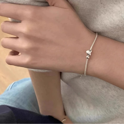Heart Charm Snake Chain 925 Sterling Silver Bracelet