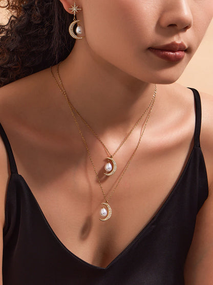 Stainless Steel Zircon Moon Pendant Necklace for Women