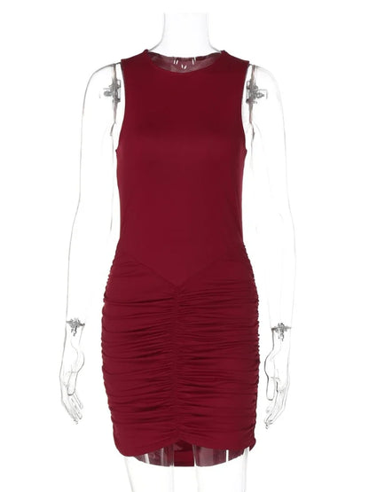 CLO047DJ
Woman Clothes O-neck Sleeveless Solid Tank Dress   Summer Bodycon Ruched Short Night Club - Klixstore