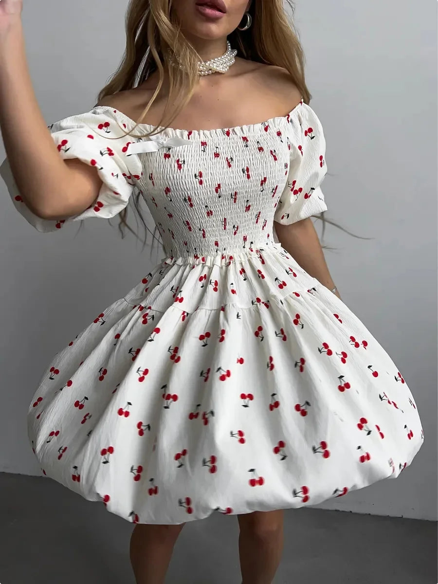 CLO054DJ
Fashion Sweet Cherry Printed A-line Short Dresses Women's  Strapless Off Shoulder Backless Tunics White Holiday Dress - Klixstore
