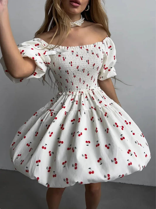 CLO054DJ
Fashion Sweet Cherry Printed A-line Short Dresses Women's  Strapless Off Shoulder Backless Tunics White Holiday Dress - Klixstore