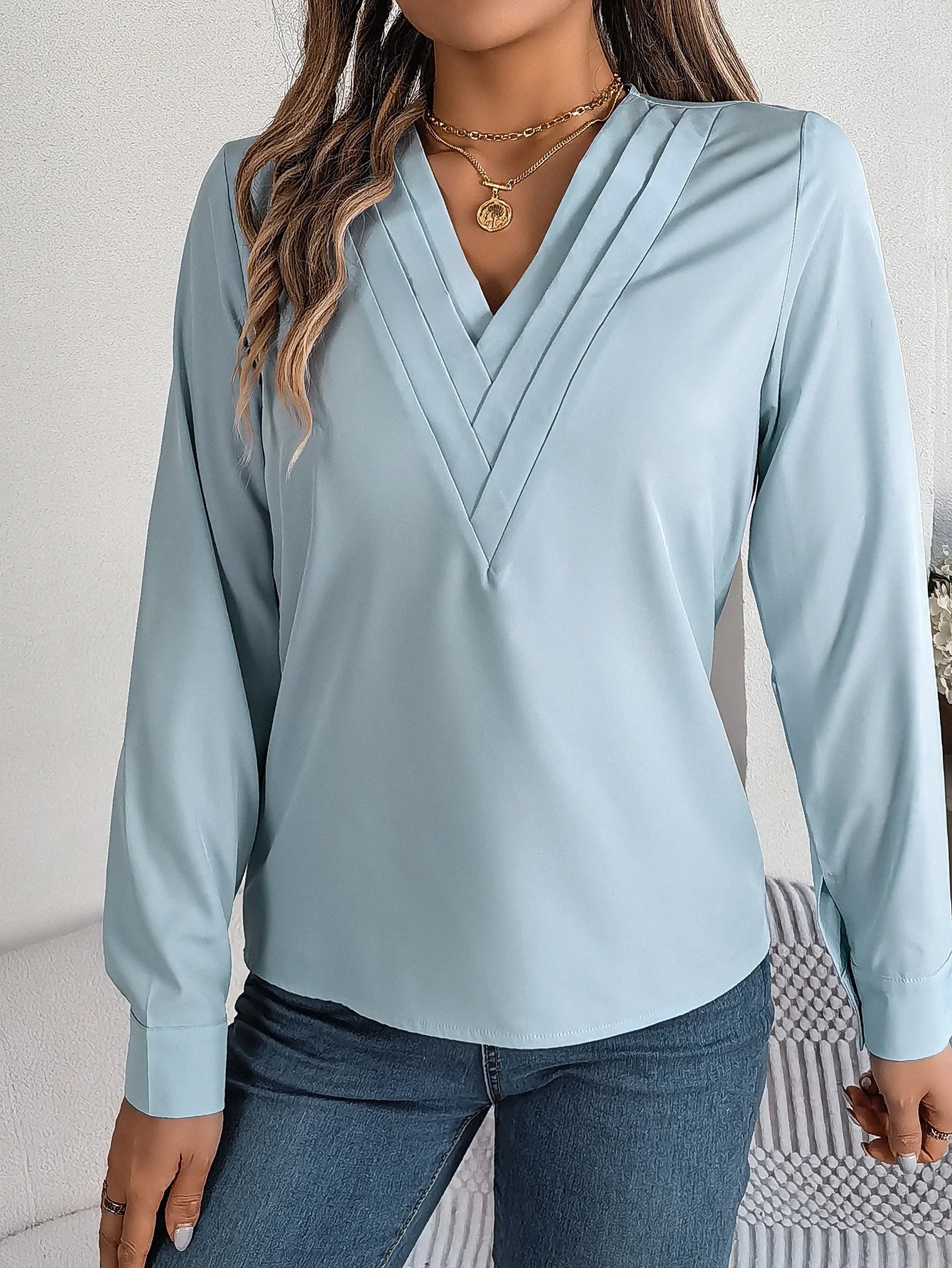 VigoCasey 2025 Elegant V-Neck Long Sleeve Women’s Top