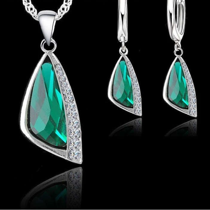 Geometric Crystal Necklace & Earrings Set in Genuine 925 Sterling Silver