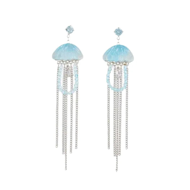 Sea Blue Jellyfish Zircon Tassel Earrings