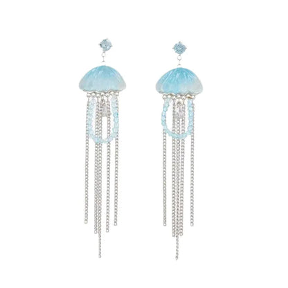 Sea Blue Jellyfish Zircon Tassel Earrings