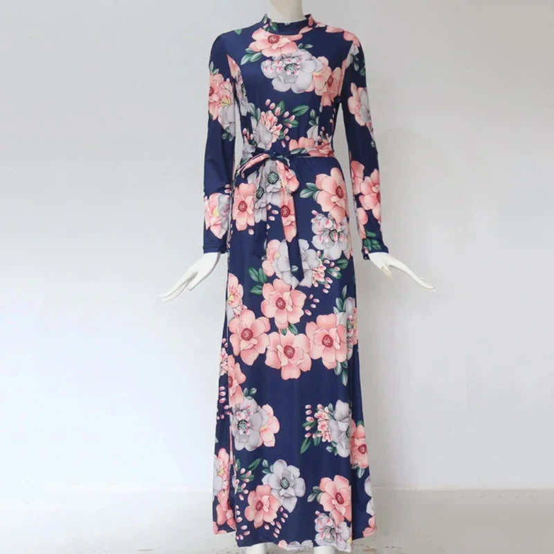 Boho Floral Print Long Sleeve Maxi Dress