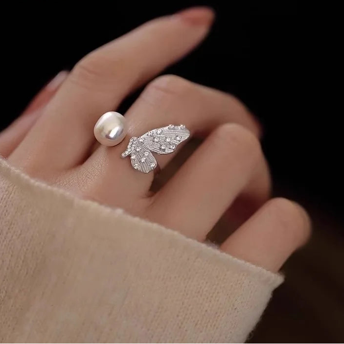 Vintage 925 Sterling Silver Butterfly Pearl Adjustable Ring for Women