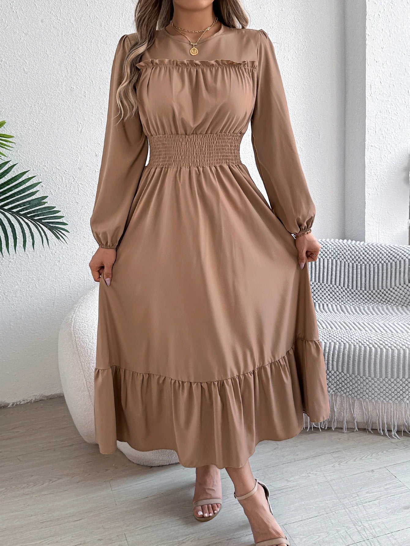Solid Color Lotus Leaf Hem Midi Dress – Long Sleeve