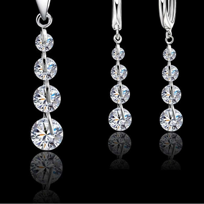 round CZ Crystal Necklace & Hoop Earrings Set in 925 Sterling Silver