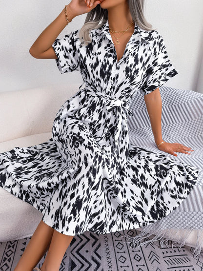 Leopard Print Batwing Shirt Dress | Button Slim Waist Mid-Calf | Summer
